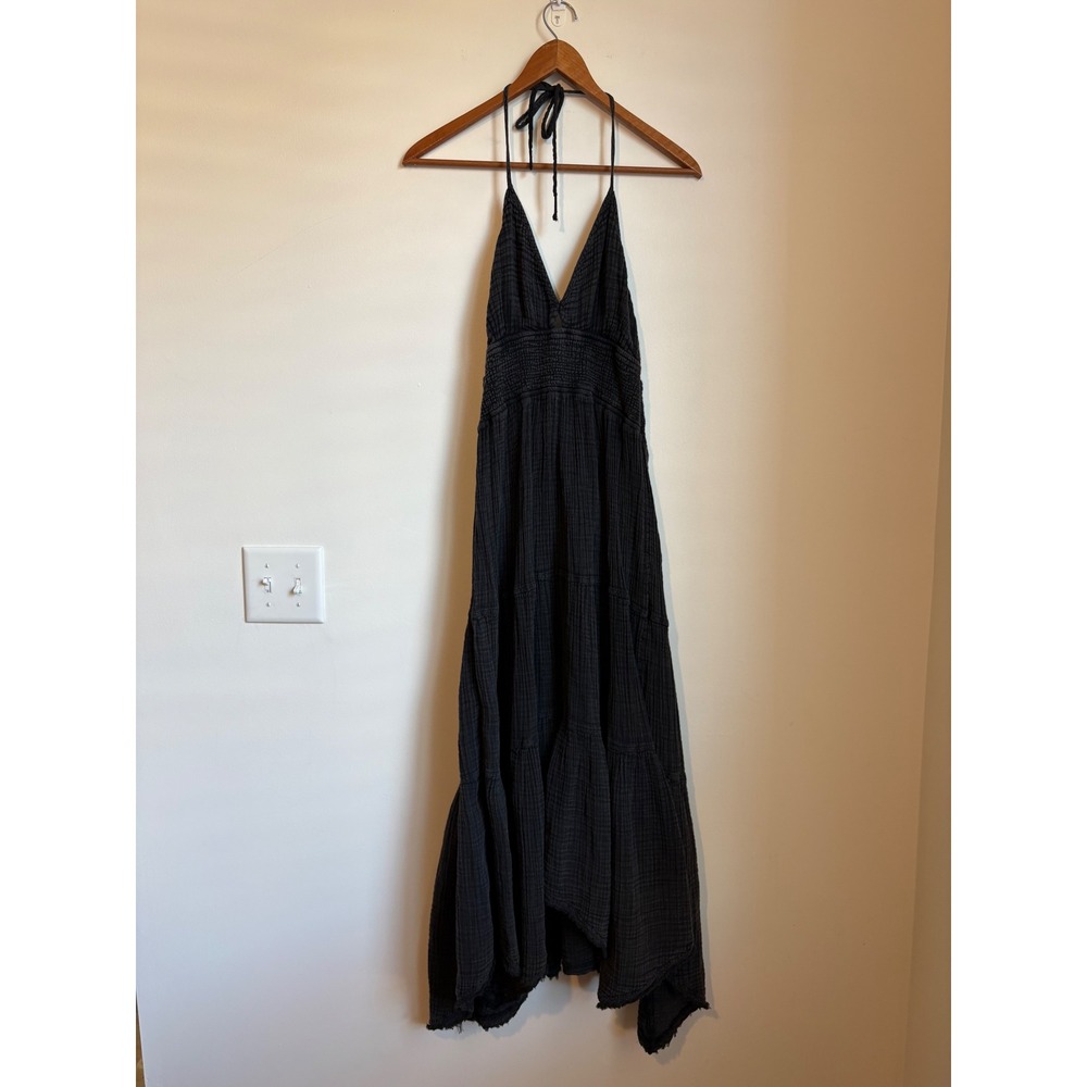 Anthropologie Black Cotton Gauze Halter Maxi Dress Smocked Tiered Boho Large